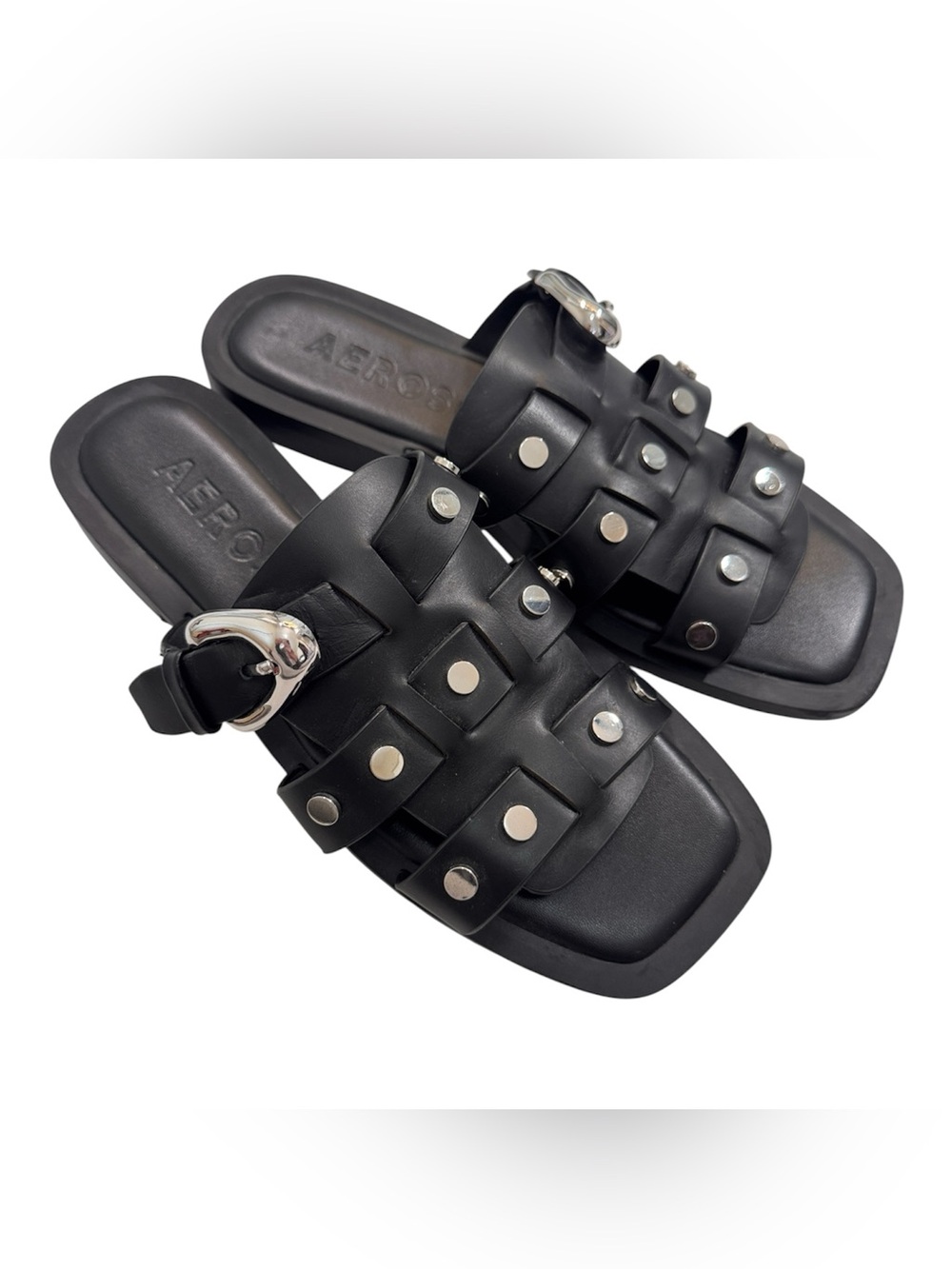 Aerosoles Black Silver Studded Flat Sandals Womens 9.5 Chunky Classic Casual
